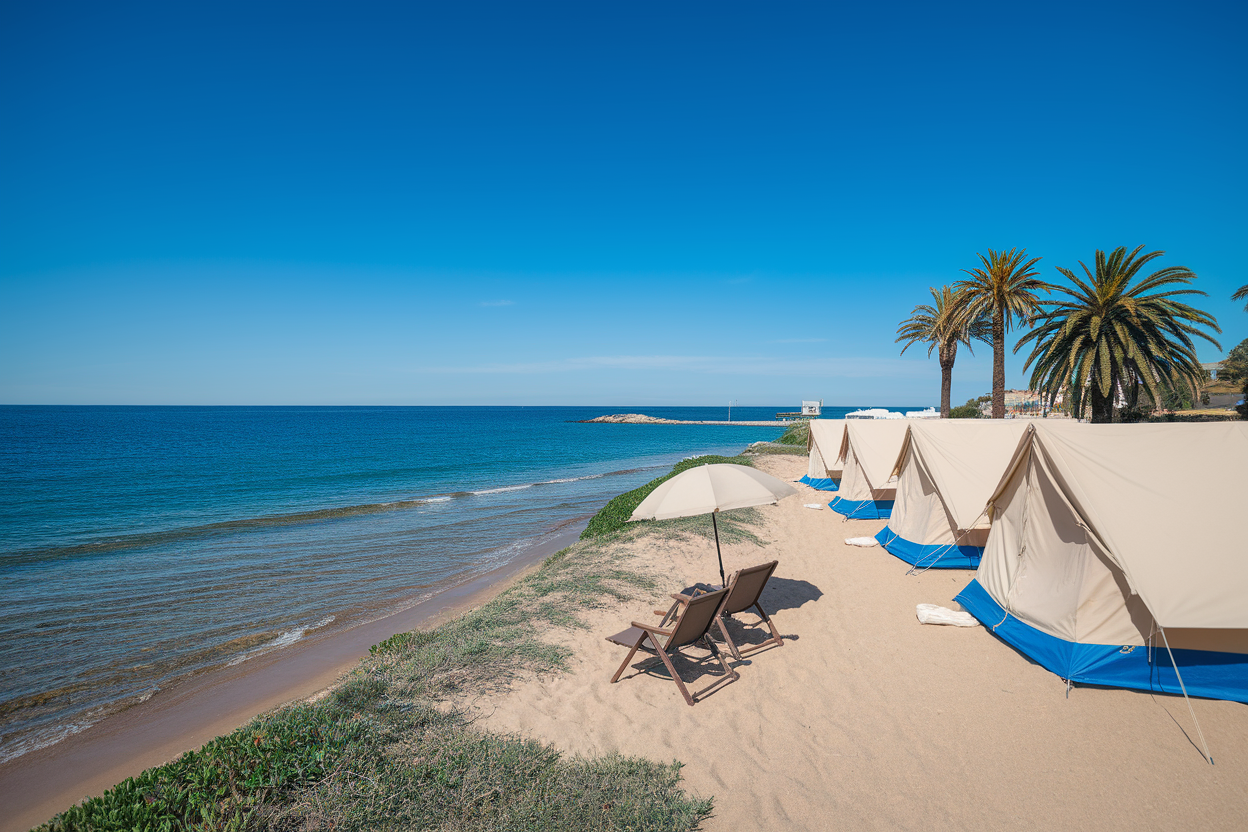 camping-plage-tentes-palmiers-mer