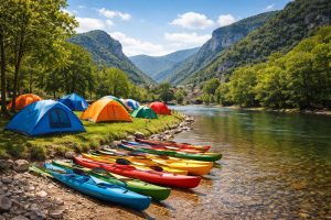 tentes-colorees-riviere-kayaks-montagnes